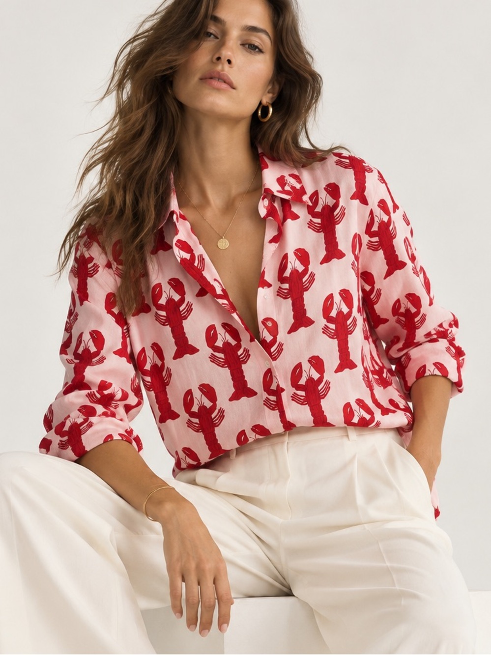 Women's Pink Button-Up Blouse with Red Lobster Print. 100% Viscose